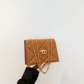 Caramel brown quilted leather shoulder bag with golden chain and metallic buckle - Brown