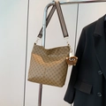 Brown vintage bucket bag with monogram pattern and iconic red-green striped wide strap - Khaki with Pendant