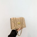 Beige quilted leather small crossbody bag with gold chain strap and luxury buckle - Khaki