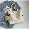 Off-white canvas tote bag with colorful embroidery and matching zipper coin pouch - Off White