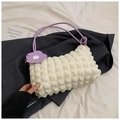 White puffy cloud handbag with popcorn texture and purple floral charm accessory - White and Purple