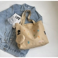 Khaki canvas tote bag with colorful embroidery and matching mini coin purse - Khaki
