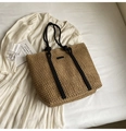 Bolso tote de paja tejida beige con asas de cuerda negra y detalles de nudos - Caqui