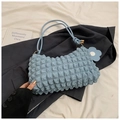 Light blue bubble puff shoulder bag with ruched nylon texture and floral charm - Blue