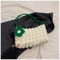 White puffy cloud handbag with contrast green rope handle and flower charm detail - White & Green