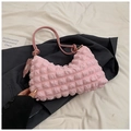 Pink puff cloud bag with quilted texture, leather drawstring strap and flower charm - Pink