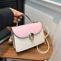 Pink and beige contrast small square bag with gold buckle and adjustable strap - Pink
