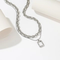 Double-layered titanium steel necklace with thick chain and lava textured rectangle pendant - Double Layer Rectangular Pendant Style (T0094)