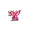 Silver butterfly cartilage stud with pink and purple zircon stones in macro view - Pink Butterfly Tragus Stud (EGD0201 White K)