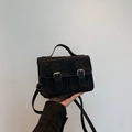 Classic black vintage-style Cambridge messenger bag with silver buckles and handle - Black