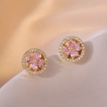 Elegant gold flower earrings with pink zircon petals and pavé crystals on silk - Gold Pink Rotating Earrings (E0005)