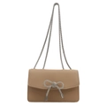 Modische khakifarbene PU-Leder Umhängetasche mit Strass-Schleife und silberner Kette - Khaki