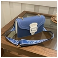 Blue canvas crossbody square bag with wide printed strap and fashion lettering - Blue