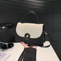 Borsa a tracolla chic in paglia a contrasto bianco e nero con manico in pelle di lusso - Nero