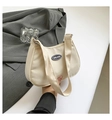 Chic beige nylon half-moon shoulder bag with sleek brand logo and durable thick strap - White