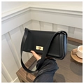 Minimalist black rectangle leather handbag with gold metal twist lock and wide shoulder strap - Black