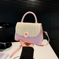 Pink PU leather and beige straw patchwork crossbody bag with gold round buckle details - Pink