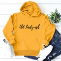 Ginger yellow hoodie with Old Lady-ish text print, kangaroo pocket and drawstring - Yellow (Black Font)