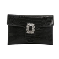 Chic black crocodile pattern PU leather clutch bag with a sparkling rhinestone buckle - Black