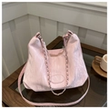 Light pink pleated hobo bag with silver chain and leather strap on a wooden table - No Pendant / Pink