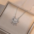 Silver Ruyi lock pendant necklace featuring a milky cat eye stone and pave diamonds - Safety Lock Necklace (X0021) / Steel