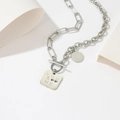 Silver titanium steel chain necklace with YOU & ME square tag and LOVE coin pendant - Square Tag Round Coin Double Pendant Style (T0046)