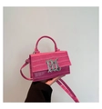 Glossy bright pink crocodile embossed leather small square bag with silver logo detail - Rose Red