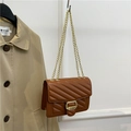 Brown quilted crossbody bag with gold chain strap and square buckle detail - Brown