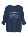 Detailed close-up of navy blue winter sweatshirt with white snowflake print and ribbed cuffs - Navy (White Print)
