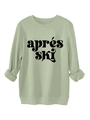 Nahaufnahme des Apres-Ski-Schriftzugs und der Umschlagbündchen am salbeigrünen Sweatshirt - Olivgrün