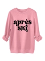 Detail eines rosa Fleece-Sweatshirts mit weichem Strickstoff und Apres Ski Aufdruck - Pfirsich