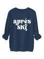 Detailansicht des marineblauen Sweatshirts mit weißem aprés ski Schriftzug und Rundhals - Marineblau