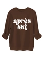 Detail des weißen 'aprés ski' Aufdrucks auf braunem Fleece-Sweatshirt mit gerippten Bündchen - Kaffeebraun