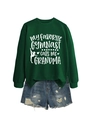 Green gymnast grandma sweatshirt paired with distressed blue denim shorts on white background - Dark Green Sweatshirt (White Font)