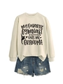 Flat lay of My Favorite Gymnast sweatshirt and distressed denim shorts casual outfit - Sand Sweatshirt (Black Font)