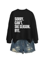 Detail of black crewneck sweatshirt with Sorry Can't Ski Season white text print - Black (White Letters)