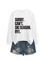 Detail of white crewneck sweatshirt with Ski Season print and distressed denim shorts - White (Black Font)