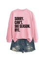 Pink sweatshirt featuring black 'SORRY CAN'T SKI SEASON' slogan with distressed denim shorts - Pink (Black Font)