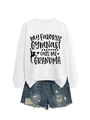 Detail of white sweatshirt with gymnast grandma print and distressed denim shorts - White Sweatshirt (Black Font)