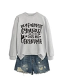Detail of grey crewneck sweatshirt with My Favorite Gymnast print and denim shorts - Grey Sweatshirt (Black Font)