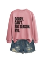 Flat lay of pink hoodie with Sorry Can't Ski Season text and frayed denim shorts - Rose Gold (Black Font)