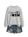 Detail of Gymnastics MOM print on grey sweatshirt with distressed denim shorts - Grey (Black Font)