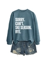 Deep blue sweatshirt and distressed denim shorts set with Sorry Can't Ski Season print - Blue (White Font)