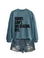 Flat lay of navy crewneck sweatshirt with ski season slogan and ripped denim shorts set - Blue (Black Font)