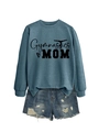 Flat lay of Gymnastics MOM sweatshirt and distressed denim shorts casual outfit set - Blue (Black Font)
