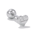 Macro shot of silver heart ear bone stud featuring a hammered texture and Love engraving - Heart Engraved White K (EGD1269)