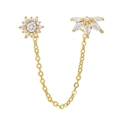 Golden double piercing chain earrings with crystal flower and butterfly studs - Sun Flower Wing Linked Ear Chain (EGD1224) / Gold