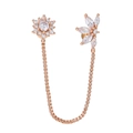Detail of rose gold tassel earrings with daisy and leaf-shaped cubic zirconia studs - Sun Flower Wing Linked Ear Chain (EGD1224) / Rose Gold