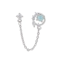 Silver steel tassel earring with moon design, zircon studs and light blue gemstone link chain - Chain Moon Link (EGD0854 Silver)