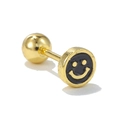 Detail eines vergoldeten Barbell-Ohrrings mit schwarzem Smiley-Anhänger und Schraubverschluss - Schwarzes Lachendes Gesicht Stil (EGD1498)